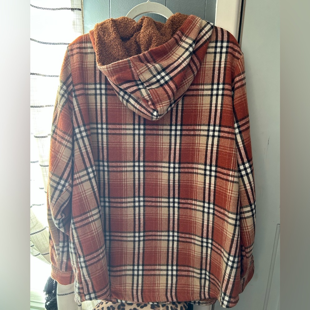 Orange Plaid Sherpa-Lined Hooded Utility Jacket - Picture 4 of 11